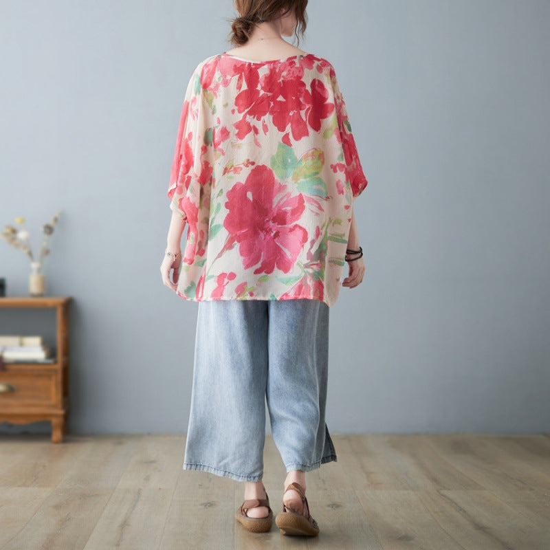 Camiseta holgada retro de manga corta con estampado floral