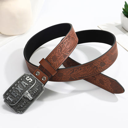 Simple Western Cowboy Belt with Cow Head Buckle and Retro American Relief
