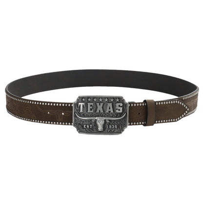 Simple Western Cowboy Belt with Cow Head Buckle and Retro American Relief