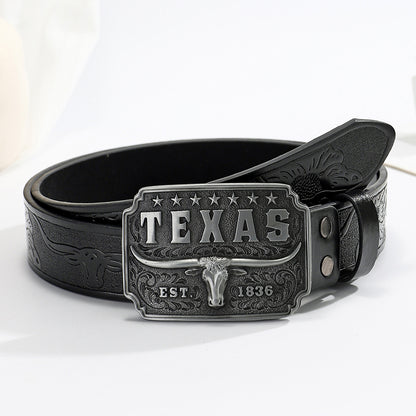 Simple Western Cowboy Belt with Cow Head Buckle and Retro American Relief