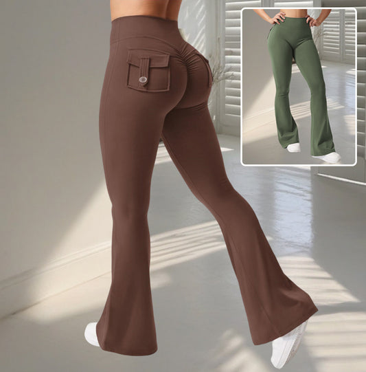 Pantalones deportivos ajustados y acampanados de cintura alta con bolsillos