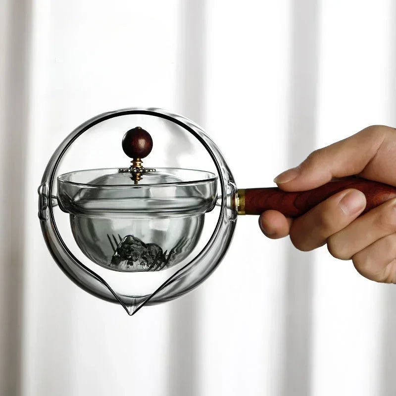 Durable glass tea pot with infuser and wooden handle