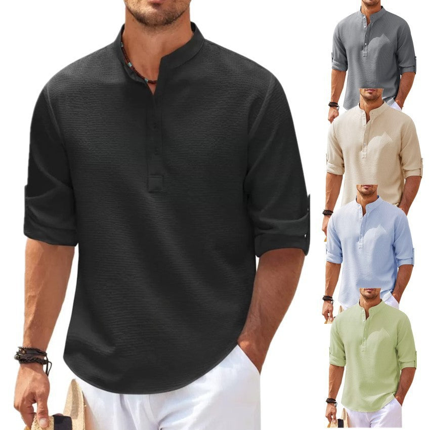 Men's Casual Summer Pineapple Textured Button-Down Stand-Up Collar Shirt
