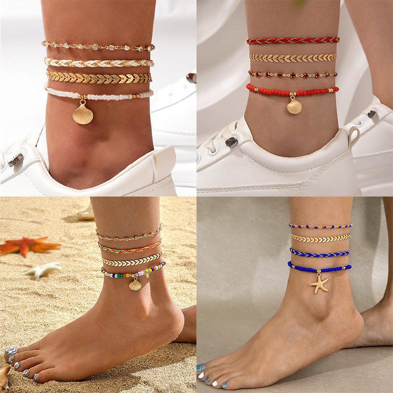 Set of 4 Bohemian Geometric Alloy Black Beads Oil Drop Anklets