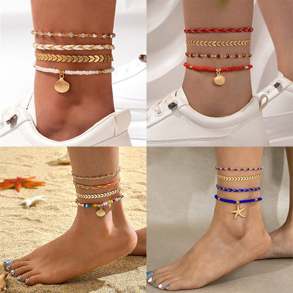 Set of 4 Bohemian Geometric Alloy Black Beads Oil Drop Anklets