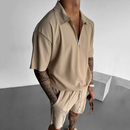 Men's summer set, short-sleeved polo shirt, zipper, drawstring shorts