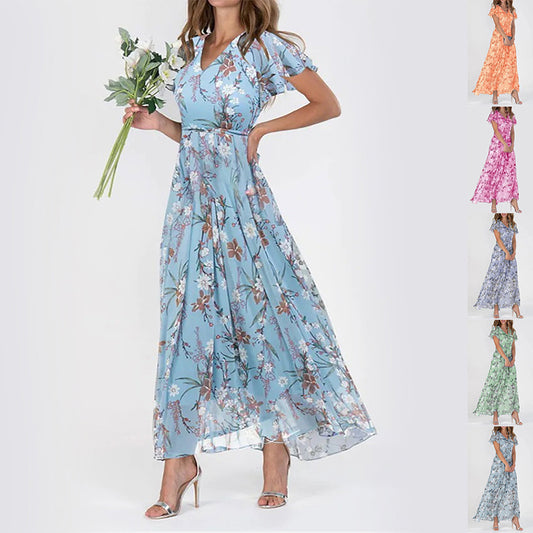 Vestido de verano de manga corta con estampado floral y volantes para mujer ideal para playa