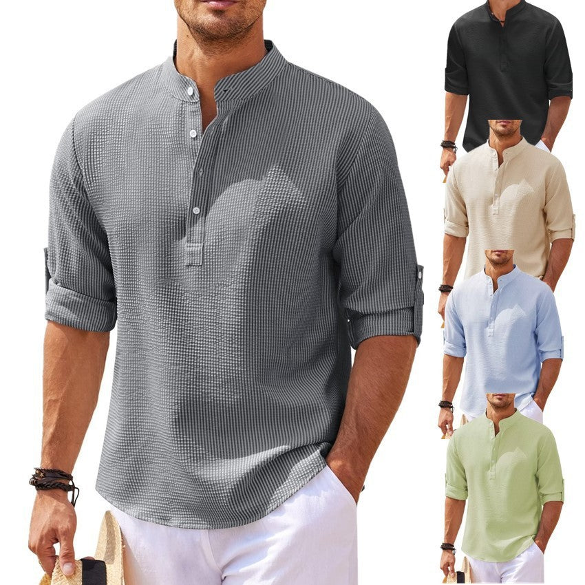 Men's Casual Summer Pineapple Textured Button-Down Stand-Up Collar Shirt