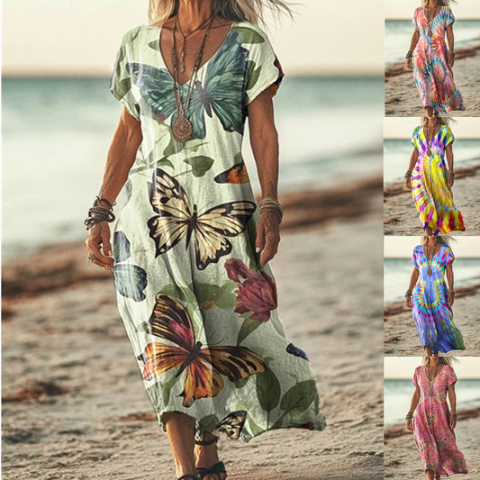Vestido cuello en V playero estampado tie-dye