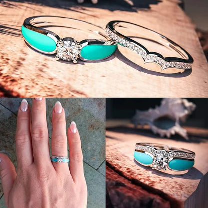 Anillo de mujer con dos piezas azules y diseño de ondas de diamantes