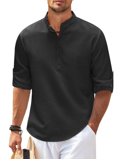 Men's Casual Summer Pineapple Textured Button-Down Stand-Up Collar Shirt