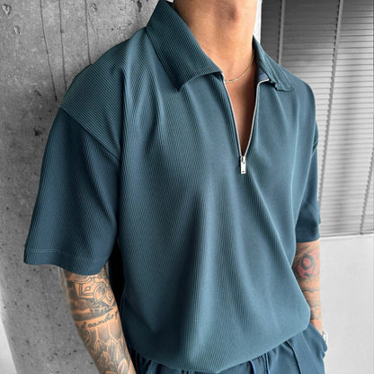 Men's summer set, short-sleeved polo shirt, zipper, drawstring shorts