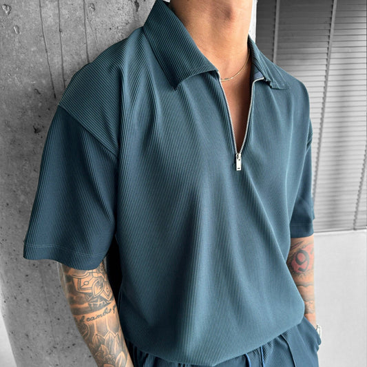 Men's summer set, short-sleeved polo shirt, zipper, drawstring shorts