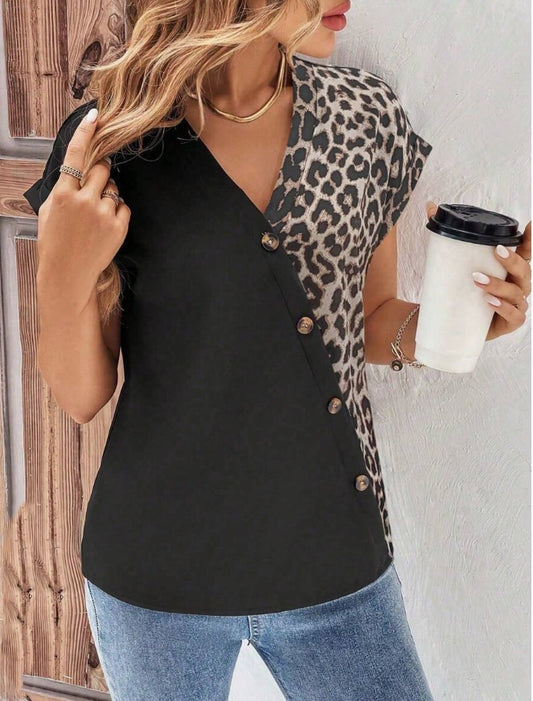 Camisa de mujer de cuello en V manga murciélago con estampado animal print
