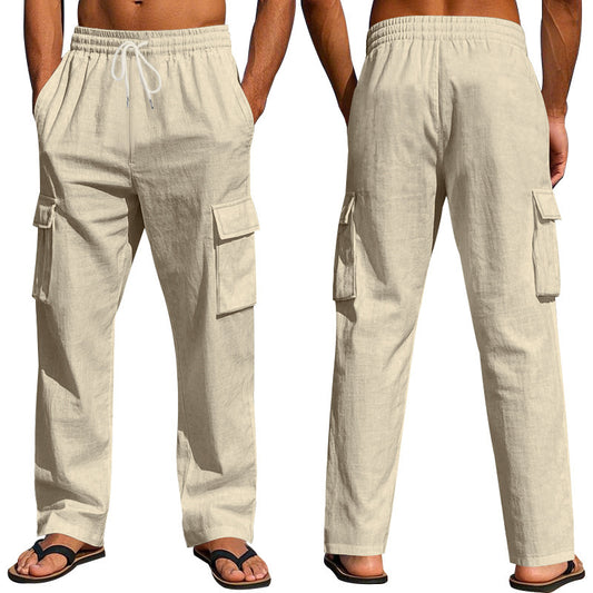 Men's straight-leg multi-pocket linen trousers