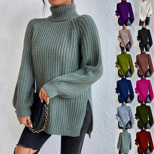 Suéter de cuello alto con diseño dividido color sólido y manga larga