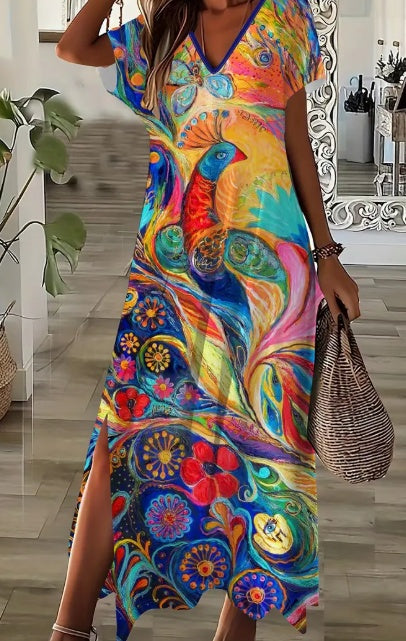 Vestido estampado de manga corta con bolsillos