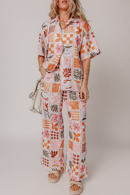 Conjunto camisa cuello estampado cuadros plantas naranja y pantalón ancho