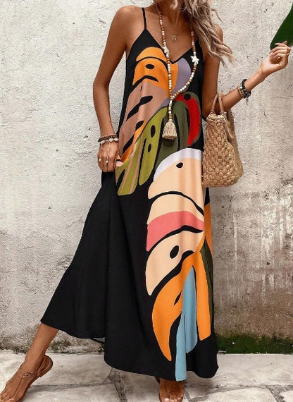 Vestido largo de tirantes con estampado de hojas coloridas verano