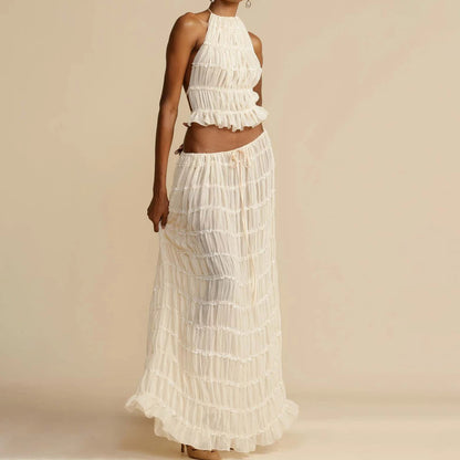 Conjunto de 2 piezas sin mangas con espalda descubierta, top corto con cuello halter