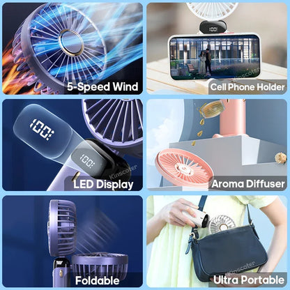 Mini ventilador eléctrico portátil de mano recargable por USB plegable para colgar en el cuello ajustable con 5 velocidades