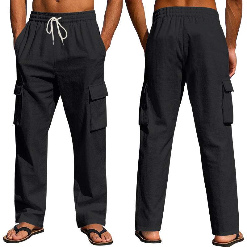 Men's straight-leg multi-pocket linen trousers