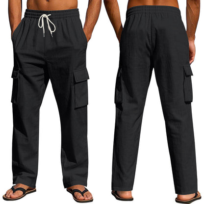 Men's straight-leg multi-pocket linen trousers