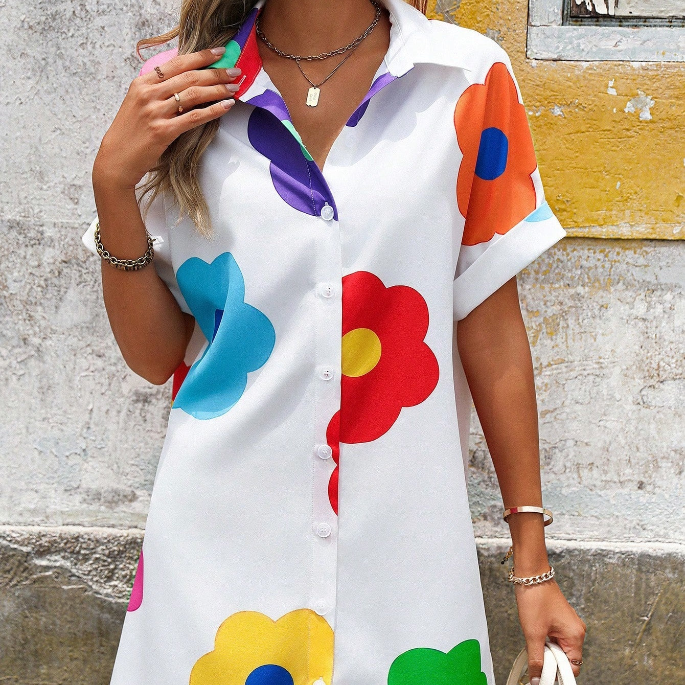 Casual short-sleeved floral print shirt dress
