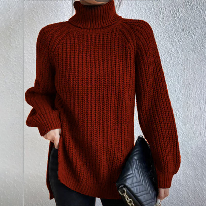 Suéter de cuello alto con diseño dividido color sólido y manga larga