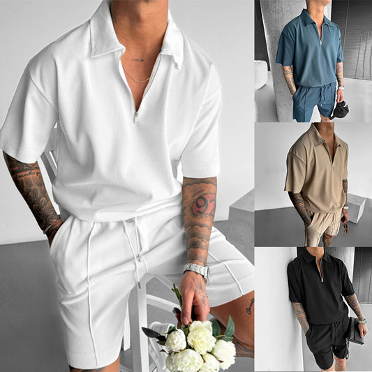 Men's summer set, short-sleeved polo shirt, zipper, drawstring shorts