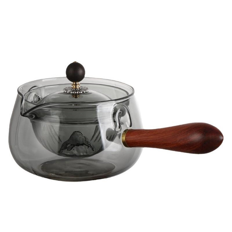 Durable glass tea pot with infuser and wooden handle