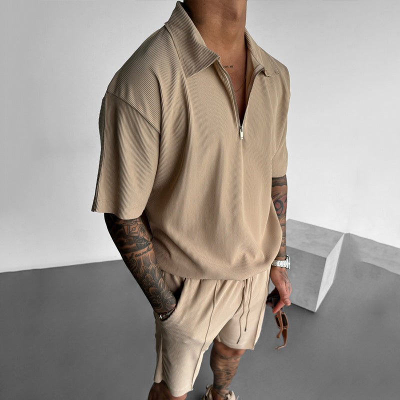 Men's summer set, short-sleeved polo shirt, zipper, drawstring shorts