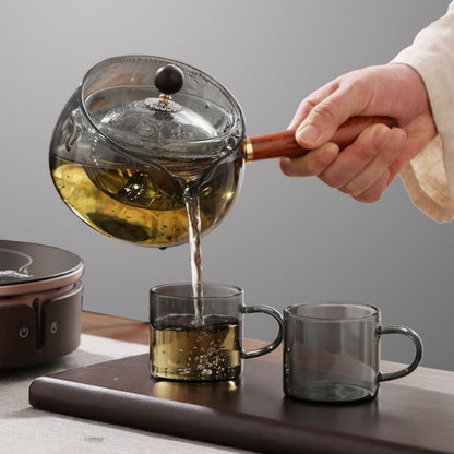 Durable glass tea pot with infuser and wooden handle