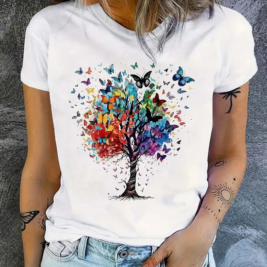 camiseta estampada manga corta con cuello redondo mujer