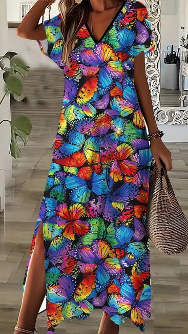 Vestido estampado mariposas de manga corta con bolsillos