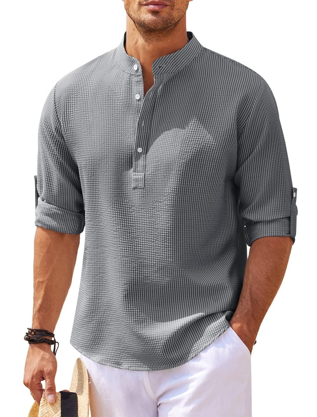Men's Casual Summer Pineapple Textured Button-Down Stand-Up Collar Shirt