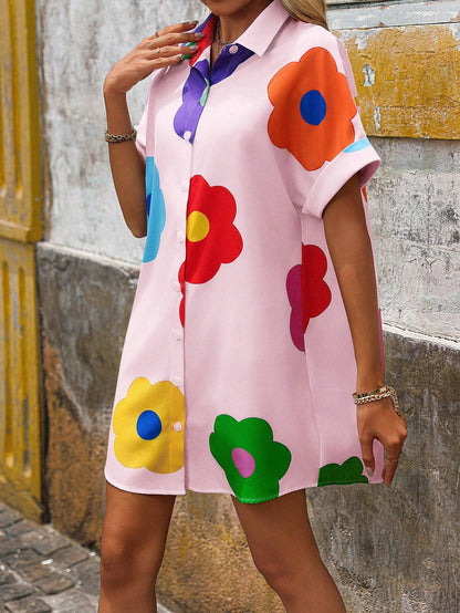 Casual short-sleeved floral print shirt dress
