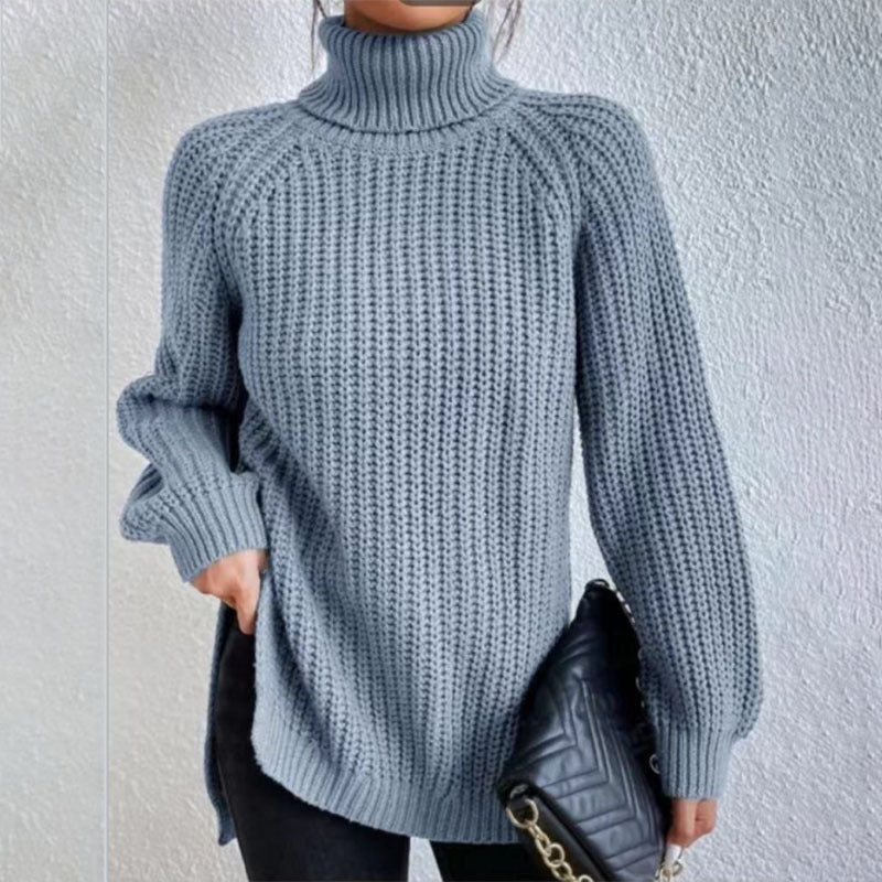 Suéter de cuello alto con diseño dividido color sólido y manga larga