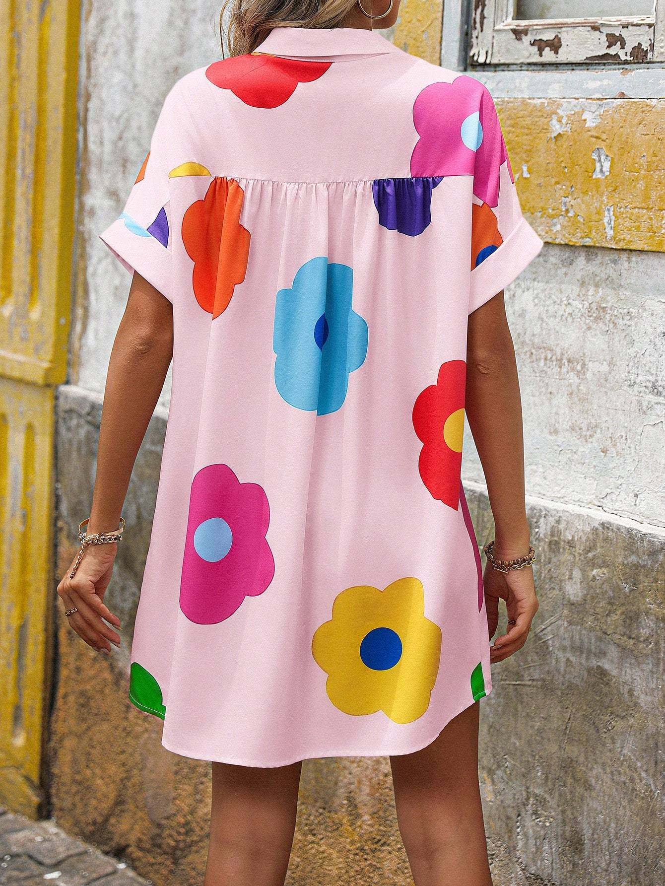 Casual short-sleeved floral print shirt dress