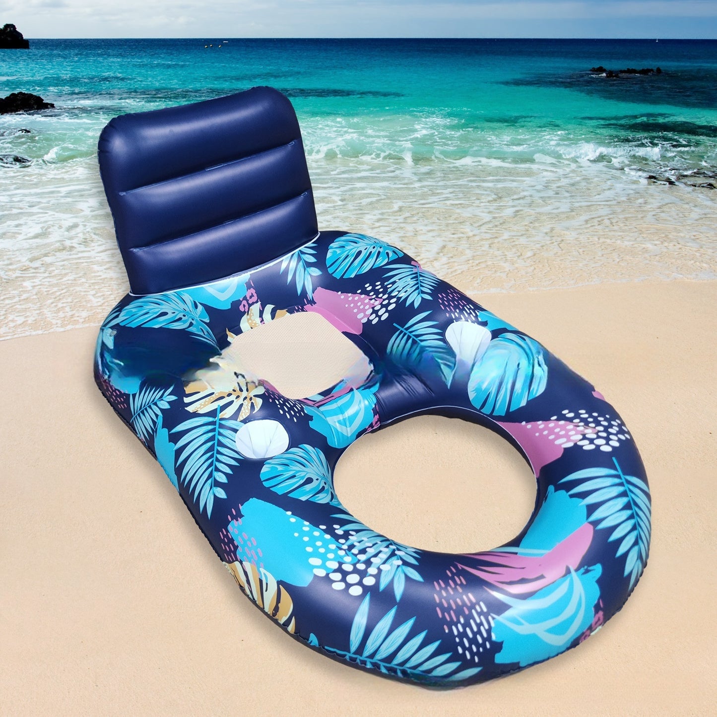 Luminous Inflatable Floating Bed with Backrest Ring and LED Light Recliner Seat for Pool and Beach
