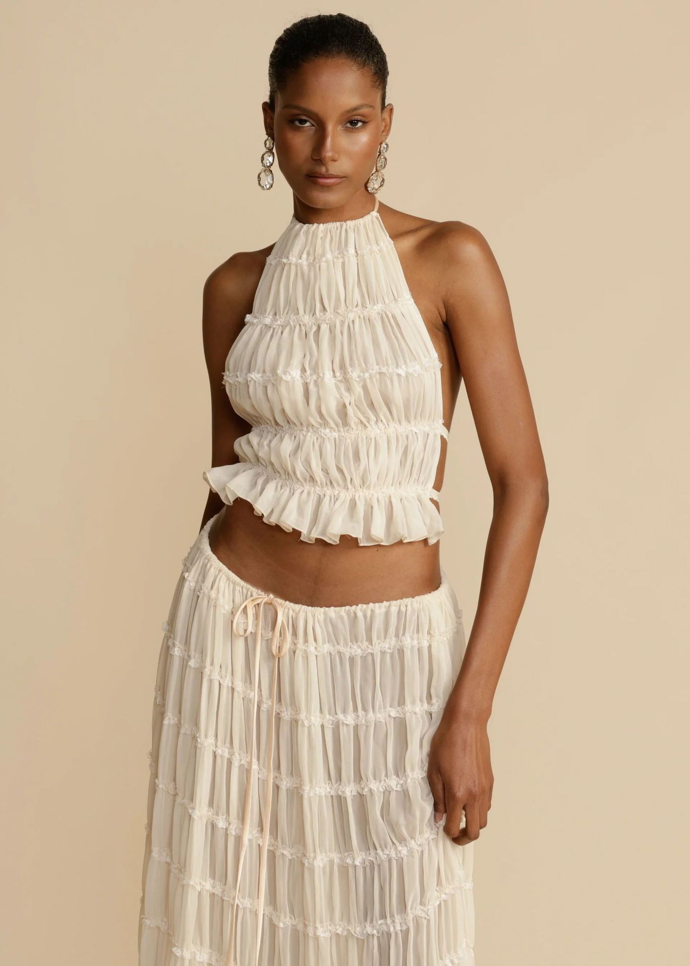 Conjunto de 2 piezas sin mangas con espalda descubierta, top corto con cuello halter