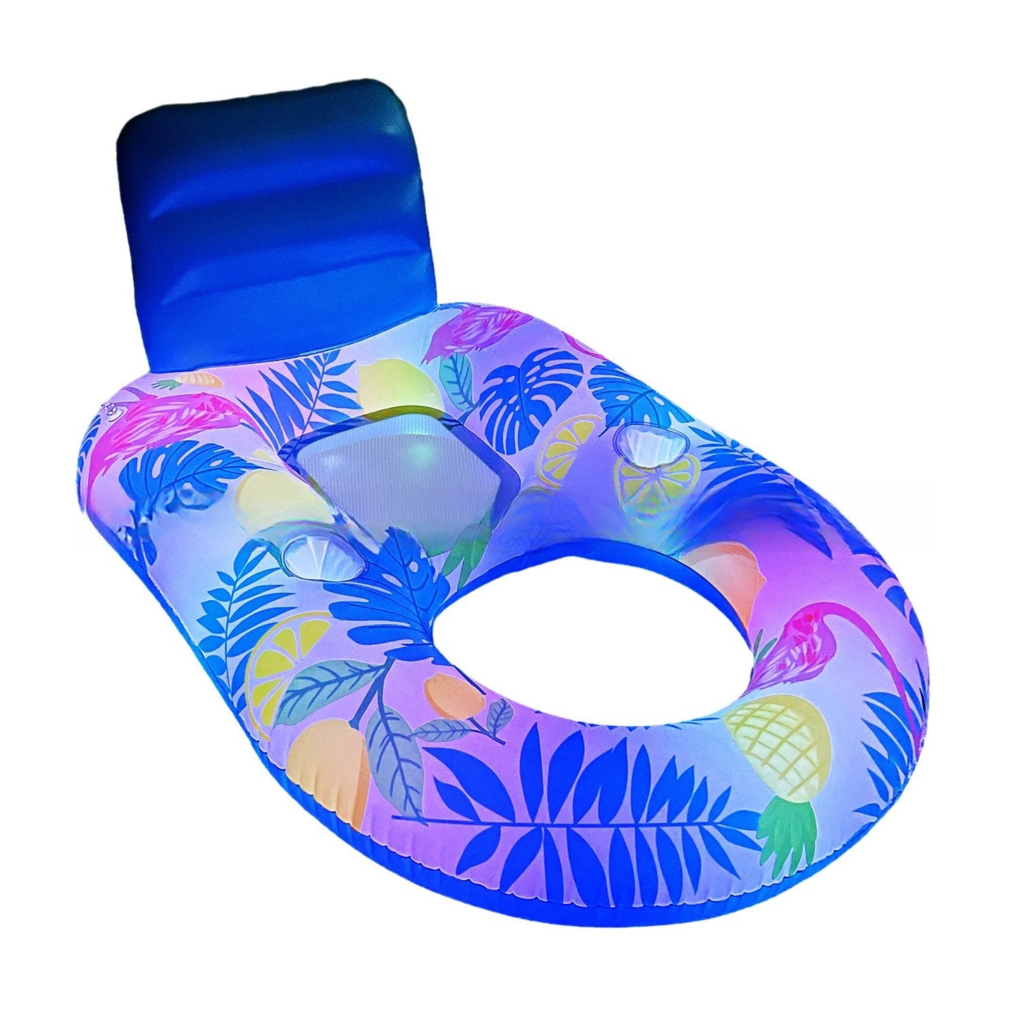Luminous Inflatable Floating Bed with Backrest Ring and LED Light Recliner Seat for Pool and Beach