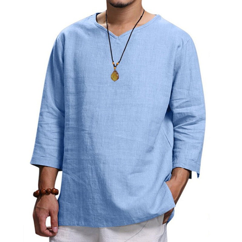 Men's Casual Loose V-Neck Cotton Linen Long-Sleeved Shirt