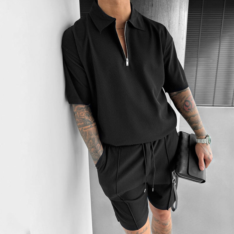 Men's summer set, short-sleeved polo shirt, zipper, drawstring shorts