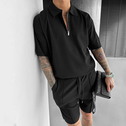 Men's summer set, short-sleeved polo shirt, zipper, drawstring shorts