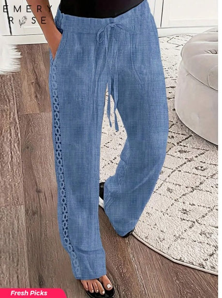 Pantalones largos casuales con efecto de mezclilla lisa y encaje lateral para mujer