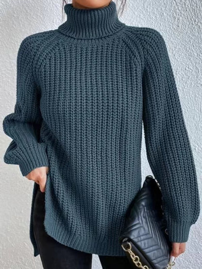 Suéter de cuello alto con diseño dividido color sólido y manga larga