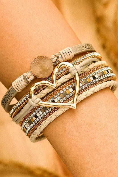 Pulsera con hebilla magnética de diamantes de imitación y corazón bohemio beige