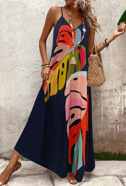 Vestido largo de tirantes con estampado de hojas coloridas verano