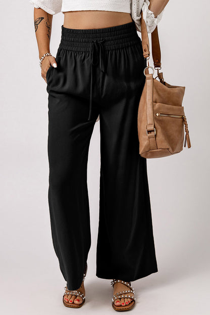 Pantalones anchos casuales con cintura elástica y cordón negro